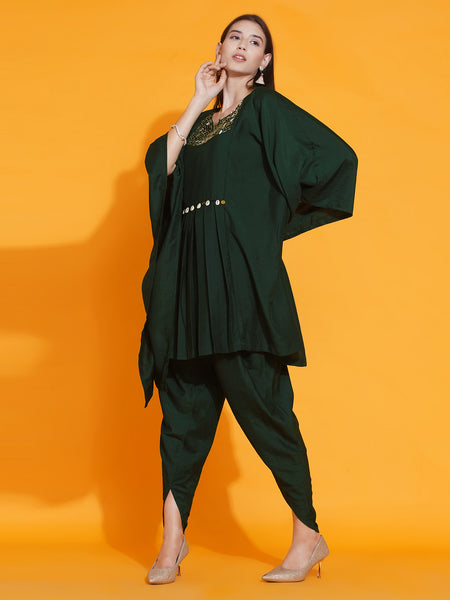 Green Hand Embellished Kaftan with Dhoti Salwaar-WRKS084