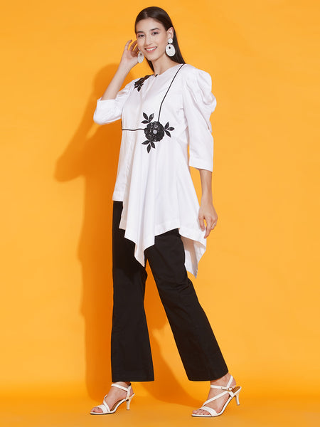 White Embroidered Shirt with Bellbottom Pants-WRKS087