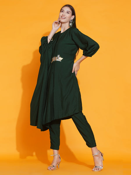 Green Hand Embellished Indowestren Kurta with Pants-WRKS082