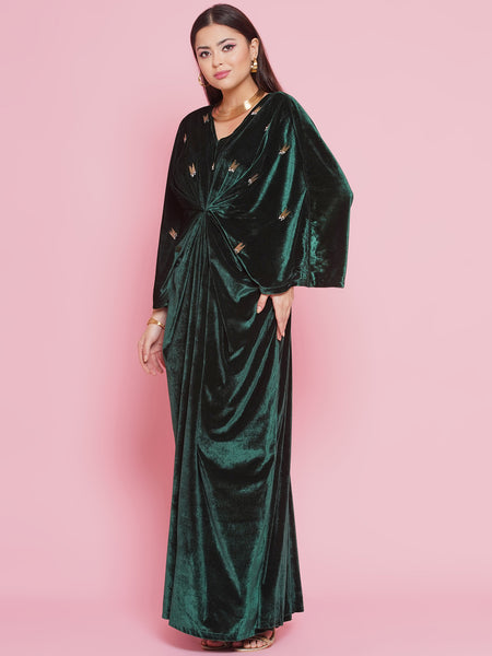 Green Velvet Hand Embellished Gown-WRK444