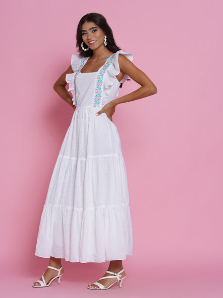 White Cotton Embroidered Tiered Dress-WRK435