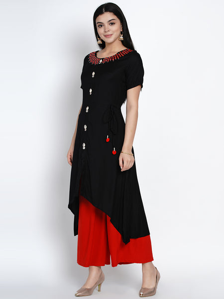 Black Rayon Asymmetrical  Embroidered Kurta-WRK422