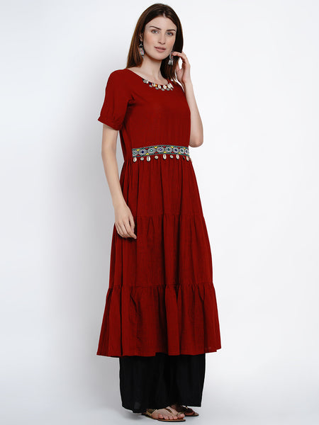 Maroon A-Line Cotton Embroidered Kurta-WRK410