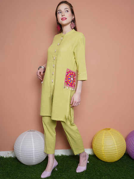 Green Cotton Slub Embroiderd Pockets Kurta with Pants-WRKS103