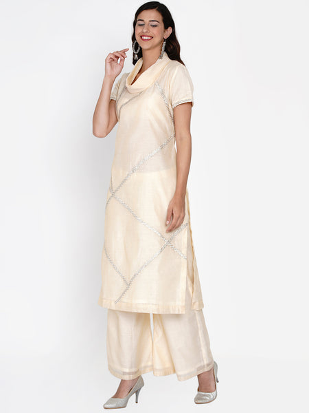 Cream Chanderi Embroidered Cowl Neck Kurta with Palazzo-WRKS052