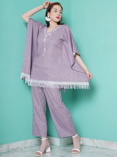 Purple Cotton Embroidered Kaftan with Palazzo-WRKS105