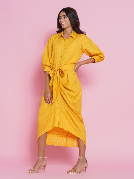 Yellow Rayon Fusion Wear Dress-WRK436