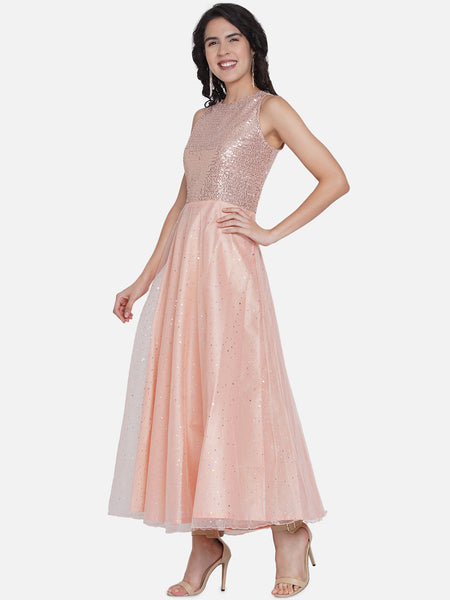Peach Sequence work Net Gown-WRK431