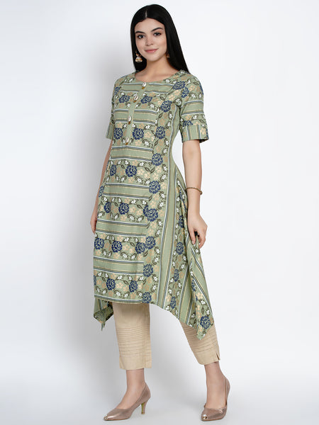 Green Floral Gold Foil Asymmetrical Kurta-WRK416