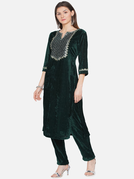 Green Velvet Embroidered Kurta with Pant- WRKS068