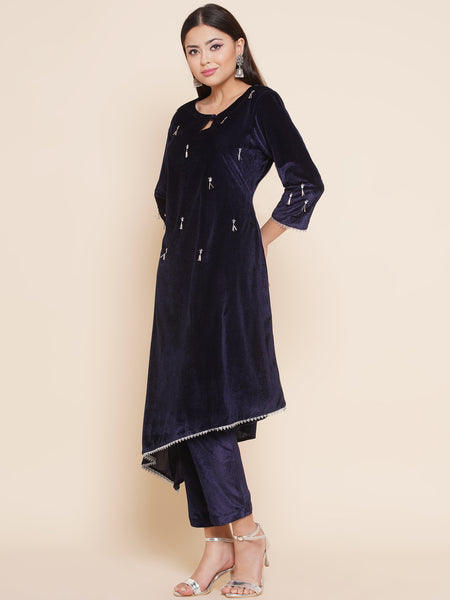 Navy Blue Hand Embellished Kurta Set-WRKS092