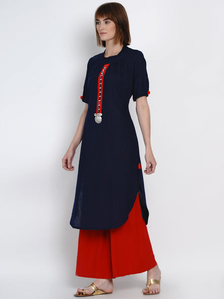 Indigo Cotton Mirror Work Straight Kurta with Curved Hemline