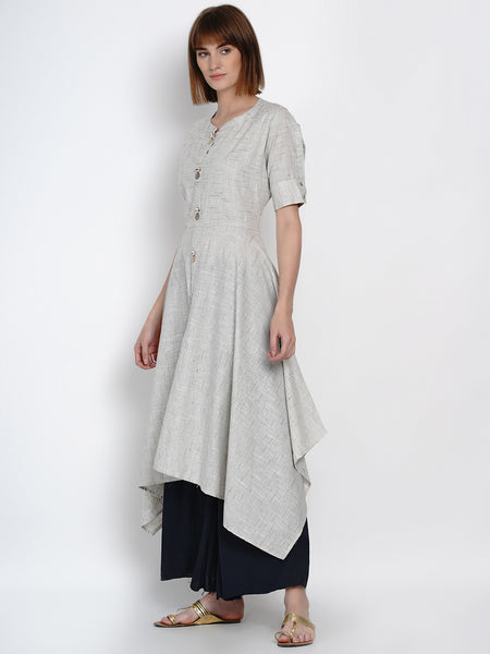 Grey A-line Cotton Kurta with Asymmetric Hem