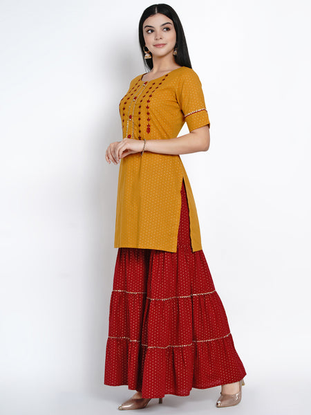 Mustard Embroidered Kurta And Sharara- WRKS414