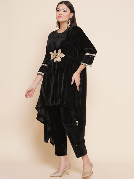 Black Kaftan Style Hand Embellished Kurta with Pants-WRKS091