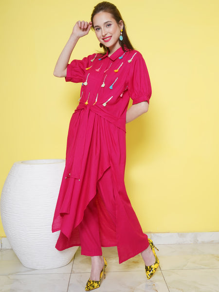 Pink Rayon Slub Embellished Asymmetrical Kurta with Pants-WRKS104