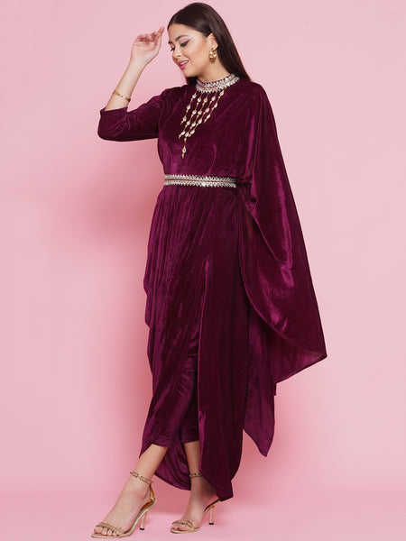 Wine Velvet Velvet Kurta with attached necklace, belt  and Pant-WRKS093