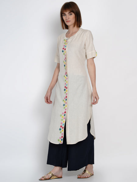 Off White Cotton Embroidered Kurta- WRK406