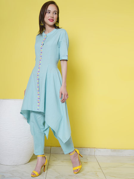 Light Blue Cotton Flex Assymetrical Kurta with beeds work and pants-WRKS102