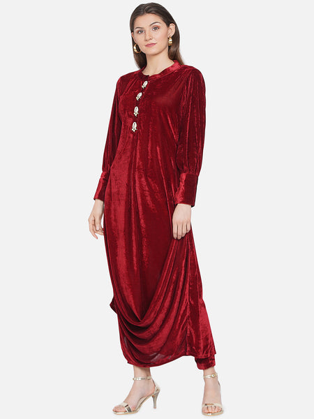 Maroon Velvet Cowl Kurta with Pants-WRKS067
