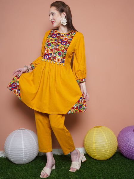 Mustard Cotton Flex Kurta with Gamthi Embroidery and Pants-WRKS100