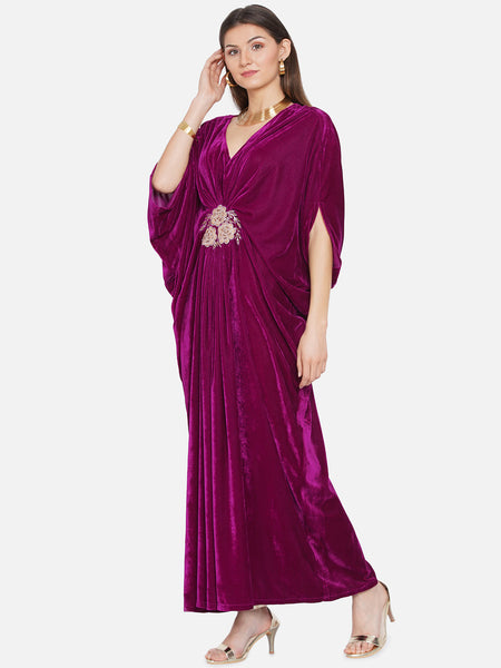 Burgundy Velvet Embroidered Gown-WRK432