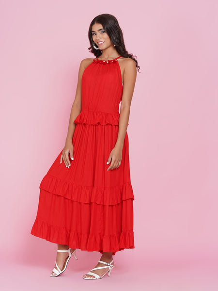 Red tiered Rayon dress-WRK434