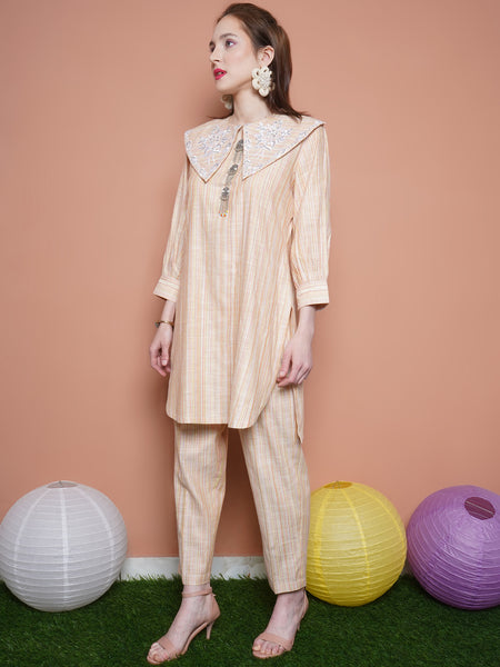 Beige Striped Embroidered Collar Kurta with Pants-WRKS109