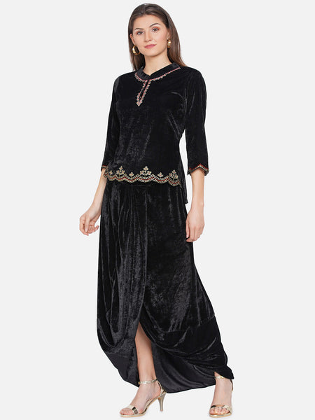 Black Embroidered Velvet Koti with Dhoti -WRKS071