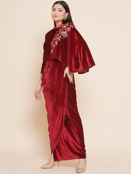 Maroon Velvet Half Cape Embroidered Gown-WRK445