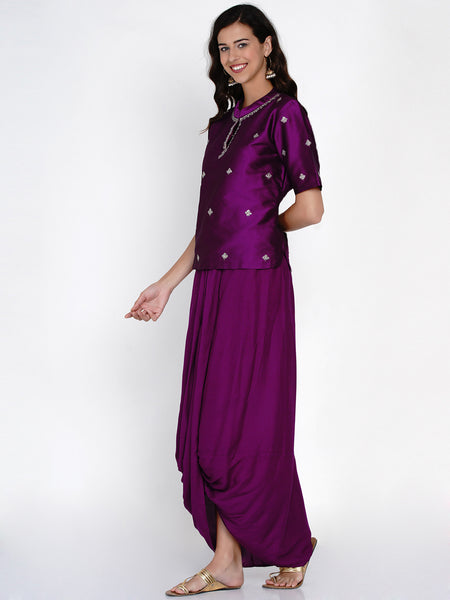 Purple Embroidered Koti with Dhoti Pants - WRKS056