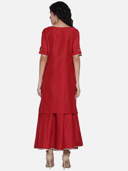 Red Cotton Blend Hand Embroidred Mirror Work kurta with skirt-WRKS060