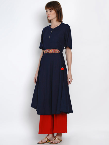 Indigo Cotton Kurta with Embroidered Belt-WRK411