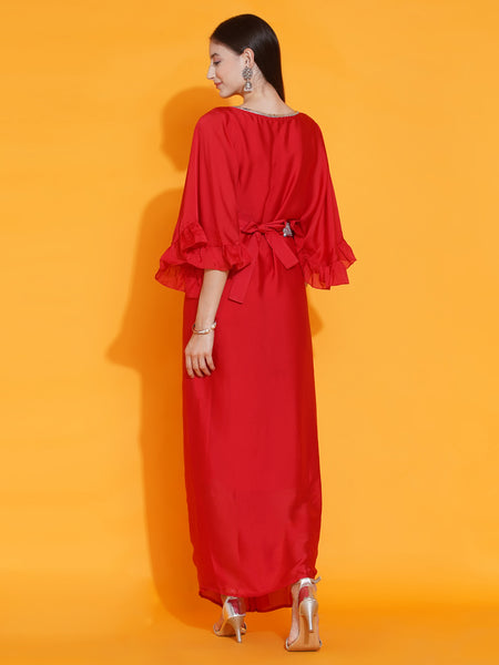 Red Georgette Ethnic Dress with Embellished Belt-WRK438