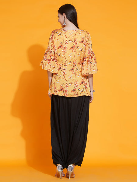 Yellow Printed Kurta with Dhoti-WRKS085