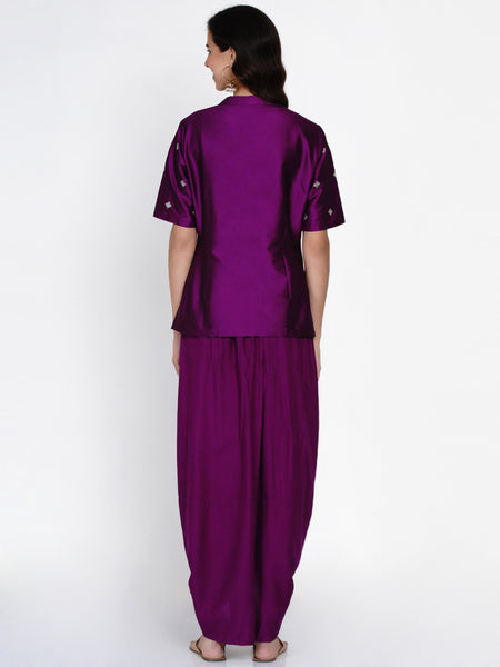 Purple Embroidered Koti with Dhoti Pants - WRKS056