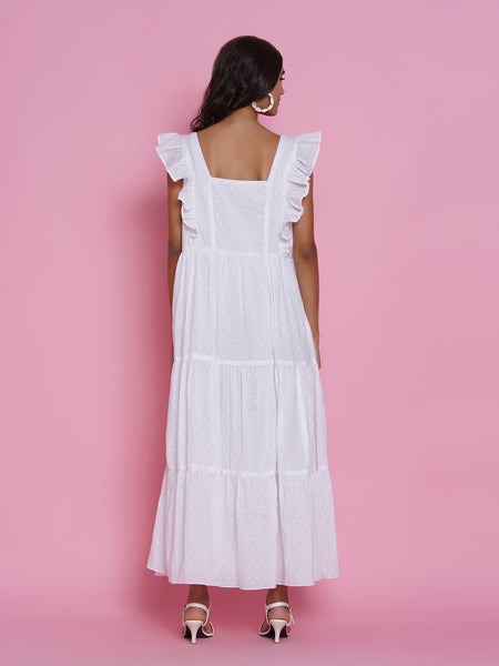 White Cotton Embroidered Tiered Dress-WRK435