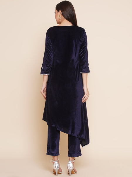 Navy Blue Hand Embellished Kurta Set-WRKS092