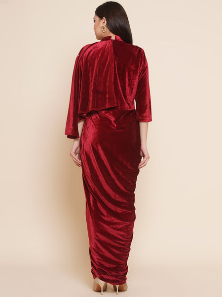 Maroon Velvet Half Cape Embroidered Gown-WRK445