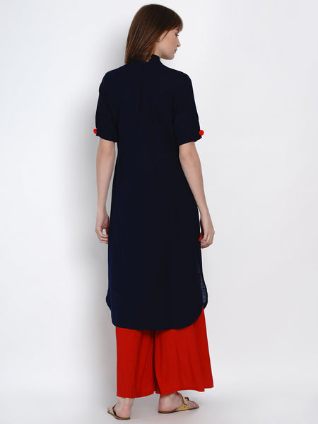 Indigo Cotton Mirror Work Straight Kurta with Curved Hemline