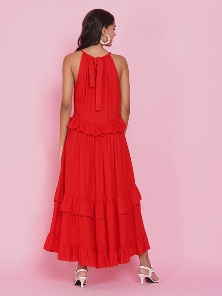 Red tiered Rayon dress-WRK434