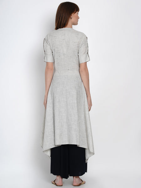 Grey A-line Cotton Kurta with Asymmetric Hem