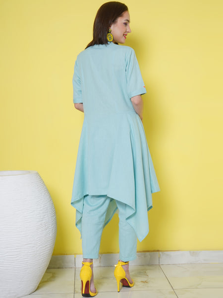 Light Blue Cotton Flex Assymetrical Kurta with beeds work and pants-WRKS102