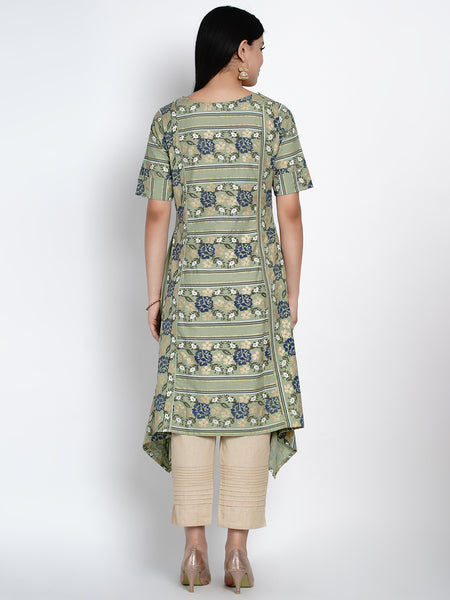 Green Floral Gold Foil Asymmetrical Kurta-WRK416