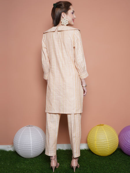 Beige Striped Embroidered Collar Kurta with Pants-WRKS109