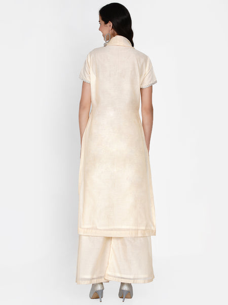 Cream Chanderi Embroidered Cowl Neck Kurta with Palazzo-WRKS052