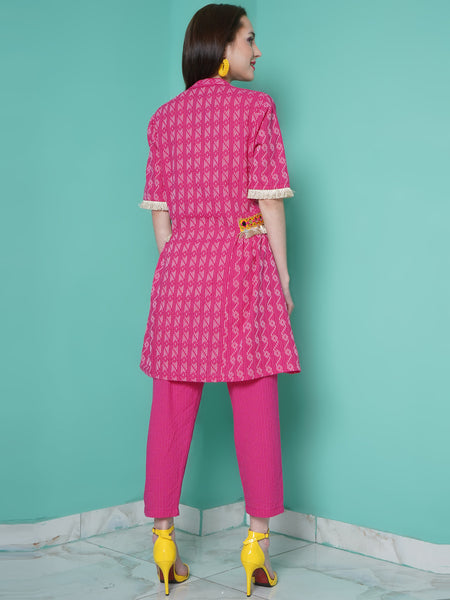 Pink Kantha Cotton Kurta with Mirror work and Pants-WRKS107