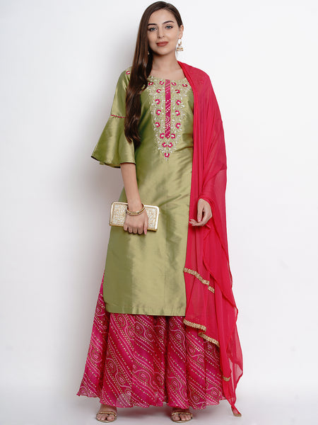 Green Embroidered Kurta With Printed Lehnga and Dupatta-WRS464