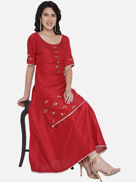 Red Cotton Blend Hand Embroidred Mirror Work kurta with skirt-WRKS060