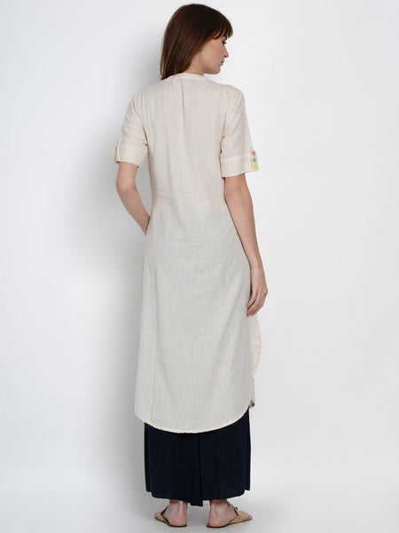 Off White Cotton Embroidered Kurta- WRK406